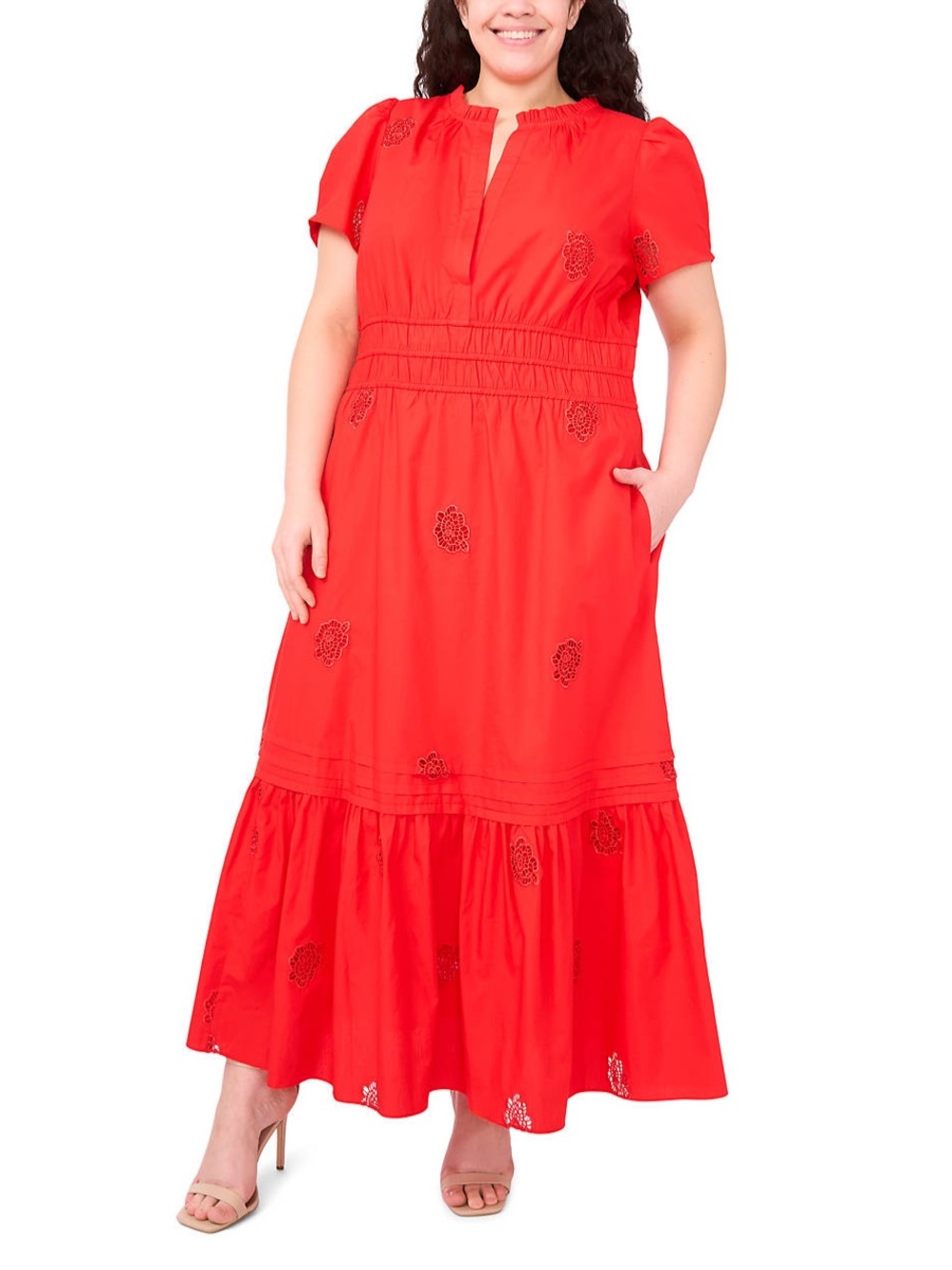 CeCe V-Neck Puff Sleeve Maxi Dress 3X Plus Size Embroidered